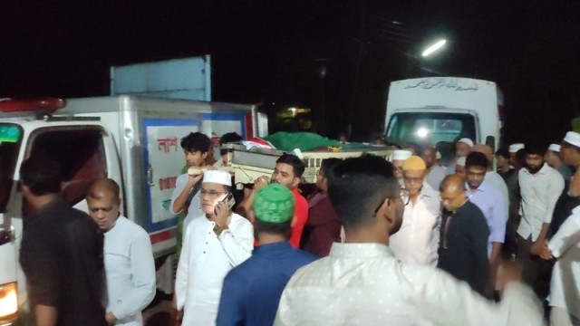 Jahangirnagar University Assistant Professor Jannatul Ferdous Moumita is laid to rest at Arifpur graveyard in Pabna. Photo taken Friday night.