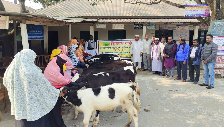 Poor women holding cow calves during a photo session. Inset: Executive Director of the NGO, M. S. Alam Bablu. Photo: Collected.