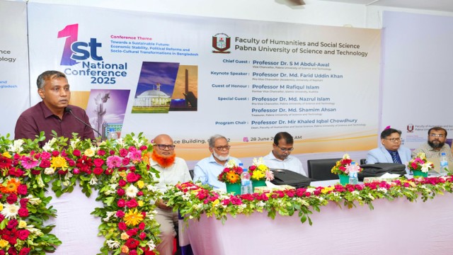 Vice-Chancellor Prof. Dr. S. M. Abdul Awal speaks at the opening of PUST’s first national conference focused on sustainable development and social transformation.