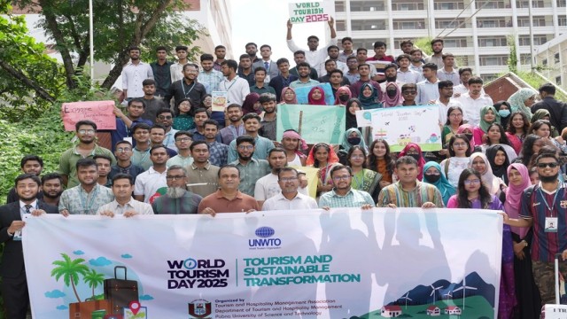 Participants join a rally at Pabna University of Science and Technology on Saturday morning marking ‘World Tourism Day’.