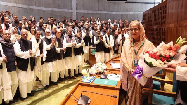 PM Sheikh Hasina and newly elected AL members of parliament (MPs) at the Jatiya Sangsad Bhaban