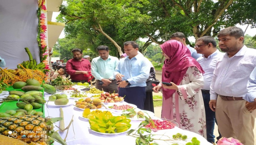 Upazila Agriculture Officer Shamima Yasmin Sultana inaugurates the three-day National Fruit Fair 2024 in Gopalpur by cutting a ribbon, accompanied by Assistant Commissioner (Land) Nazmul Hasan and other local officials. Voice7 News