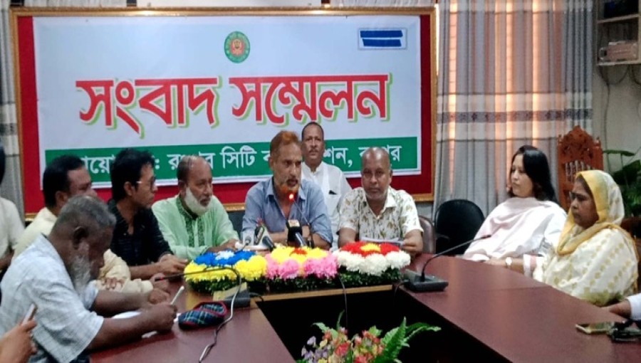 "Panel Mayor Mahbubar Rahman Manju addresses concerns about service disruptions at a press conference in Rangpur City Corporation office."