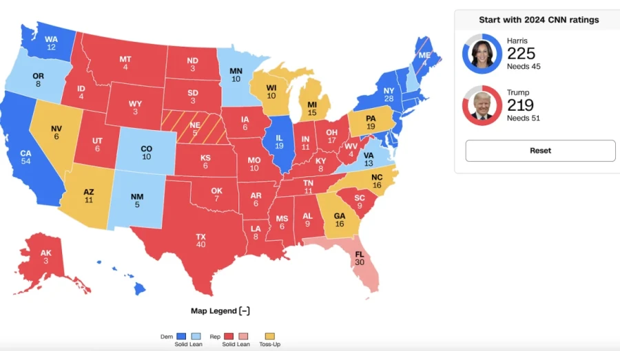 A map showing the tight race in key swing states as Election Day 2024 unfolds. Both Trump and Harris are vying for crucial battleground states that will determine the outcome of the presidential race.