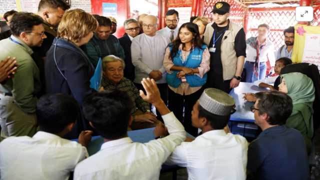 United Nations Secretary-General Antonio Guterres visits a learning center at the Rohingya refugee camp in Cox's Bazar, Bangladesh, March 14, 2025.