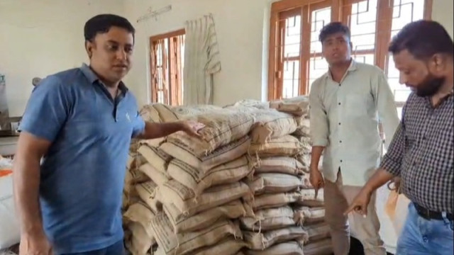 Relief food supplies, including rice, lentils, and biscuits, recovered from a store room in Mongla Upazila after two years.