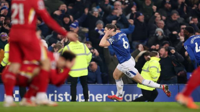 Everton’s James Tarkowski celebrates after scoring a dramatic last-minute equaliser against Liverpool in the final Merseyside derby at Goodison Park.