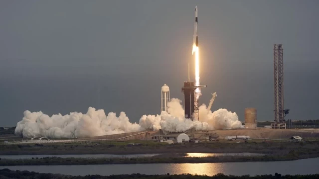 Launch Pad 39-A of the Kennedy Space Center in Cape Canaveral, Florida, sees the liftoff of a SpaceX Falcon 9 rocket on Thursday, January 18, 2024. An expedition to the International Space Station is