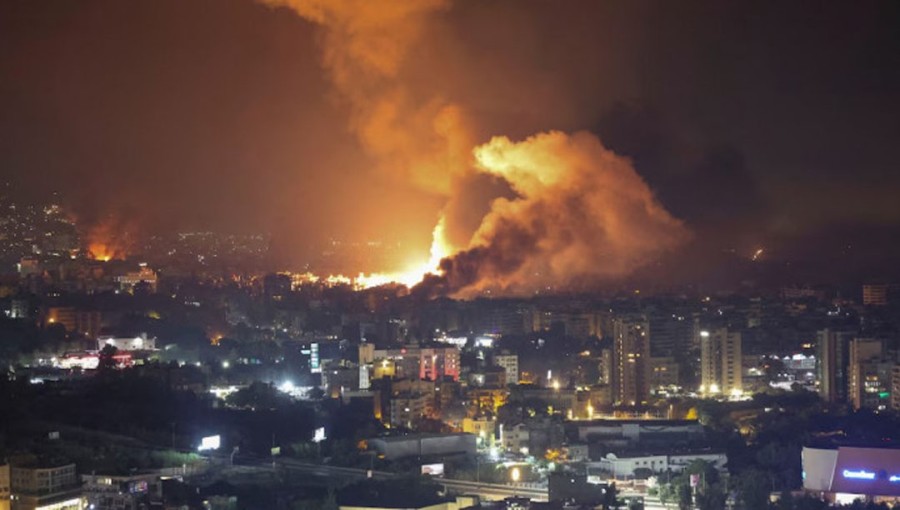 Smoke billows following Israeli strikes over Beirut's southern suburbs, amid ongoing hostilities between Hezbollah and Israeli forces, as seen from Sin El Fil, Lebanon, September 28, 2024.