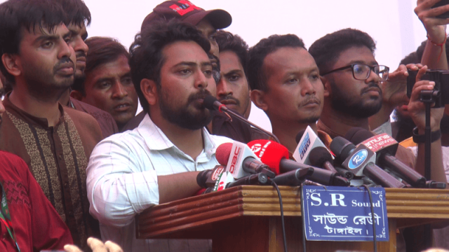 NCP Convenor Nahid Islam speaks at a rally in Tangail on Tuesday, July 29, invoking the legacy of Maulana Bhashani and declaring, “We broke free from West Pakistan, not to submit to Indian dominance.”