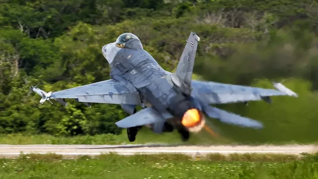 An F-16 fighter jet from Thailand’s air force is seen during a military operation along the Thailand-Cambodia border as tensions escalate, following artillery fire and ground clashes between the two nations.