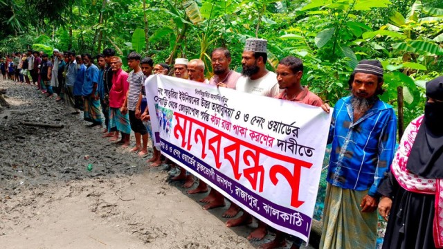 Residents of Tarabunia village in Jhalokathi’s Rajapur upazila plant taro on a muddy road during a symbolic protest demanding its long-overdue paving, August 2, 2025.