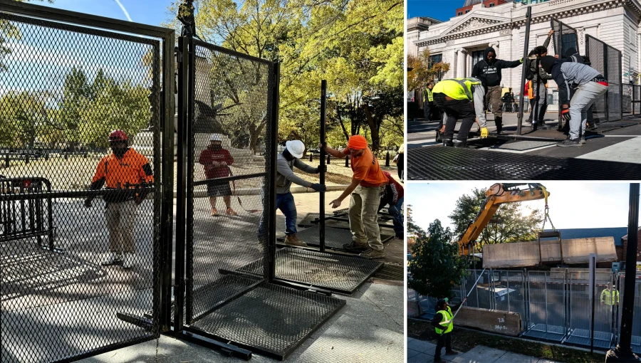 A metal fence surrounds the White House and Lafayette Square in Washington, D.C., as part of increased security measures ahead of the 2024 election. The move comes amid concerns about potential unrest and violence.