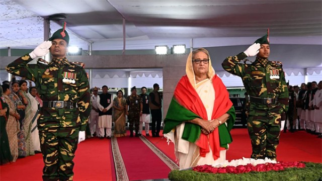 Prime Minister Sheikh Hasina pays tribute to Bangabandhu Sheikh Mujibur Rahman before the Bangabandhu Memorial Museum to mark his historic March 7 speech on Thursday,.