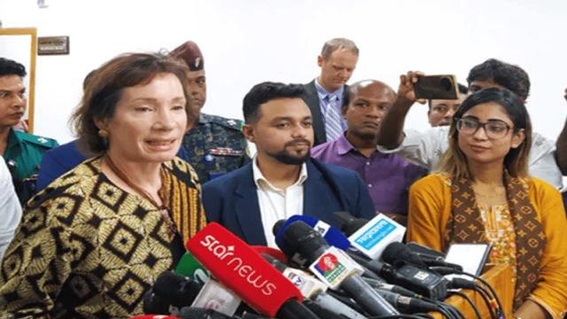 US Embassy Chargé d'Affaires Tracy Ann Jacobson briefs reporters in Dhaka following a meeting with the Chief Election Commissioner, emphasizing US support for free and fair elections under the interim government.