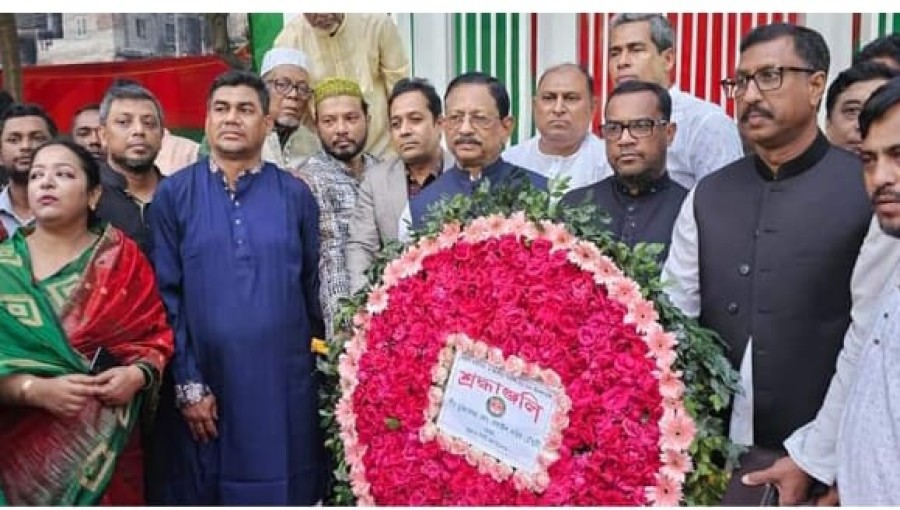 CCC Mayor M. Rezaul Karim Chowdhury pays tribute by offering a floral wreath on the grounds of Chattogram City Corporation (CCC) Municipal Model School and College, Great Independence and National Day