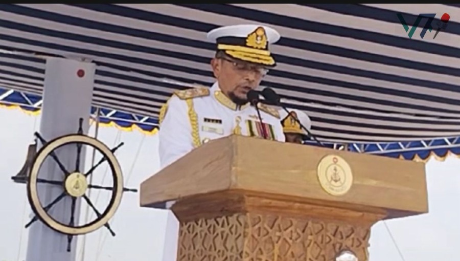 Chief of Navy Admiral M. Nazmul Hasan observes the passing-out parade at Bangladesh Navy School and College in Kalapara, Patuakhali, inaugurating a new era of maritime security and education. Photo: Voise7 News