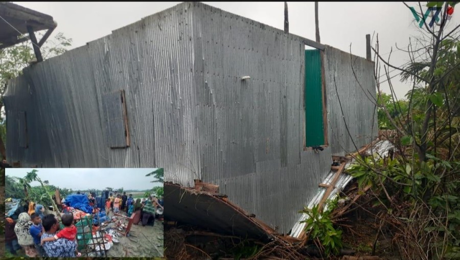 A house in the Makardhon area of Mongla lies in ruins after being blown away by a sudden tornado on Wednesday. Photo: Voice7 News