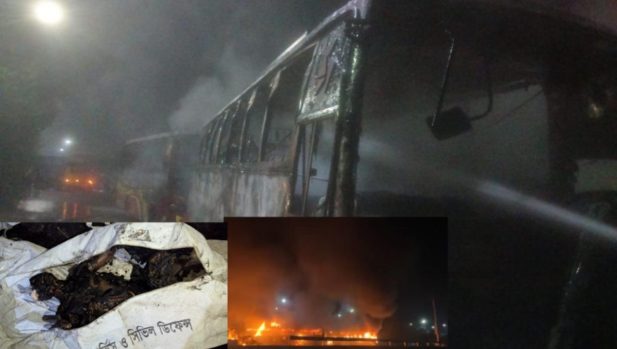 Fire engulfs an ambulance and two buses after a collision on the Dhaka-Aricha Highway near Savar, resulting in multiple casualties. Firefighters struggled for an hour to bring the blaze under control.