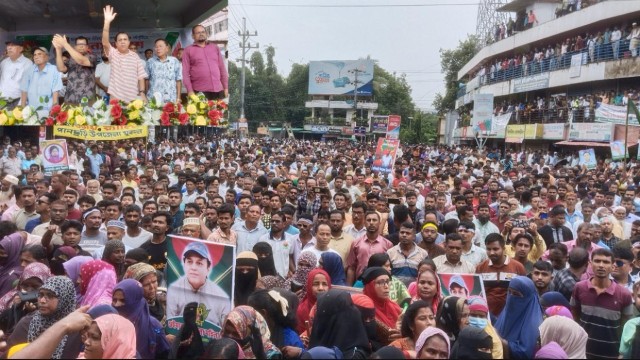 BNP activists march through Khagrachhari town on August 6, commemorating the anniversary of the Hasina government’s fall with a victory rally and mass gathering attended by leaders from across the district.