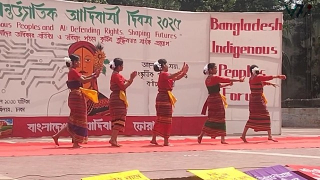 Indigenous community members perform traditional dance at the Central Shaheed Minar in Dhaka during the observance of International Indigenous Peoples’ Day 2025. Photo: A H Mintu/V7N