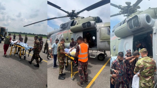 Veterinary surgeons and a conservationist being airlifted by a BGB helicopter from Ramu Cantonment to Dhaka after being critically injured by a wild elephant during a rescue operation in Cox’s Bazar, August 16, 2025.