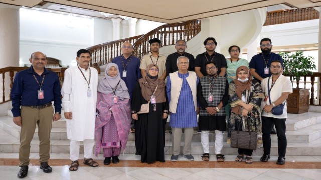 Chief Adviser Professor Muhammad Yunus meets with family members of the three Milestone School and College teachers who died in a recent plane crash, honoring their bravery and sacrifice — State Guest House Jamuna, Dhaka, August 19, 2025.