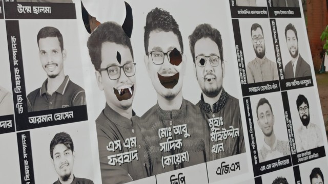 Defaced campaign posters of 'Oikoboddho Chhatro Jote' seen on Dhaka University campus during the first day of DUCSU election campaigning. Islami Chatra Shibir has condemned the act as an attempt to disrupt the democratic process.