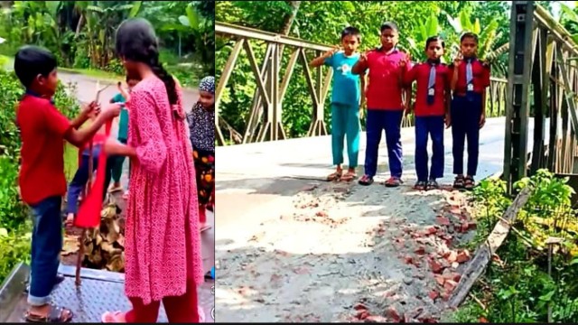 Primary school students in Gazirhat, Rajapur, Jhalokathi, mark a dangerous pothole with red flags, drawing attention that led to its swift repair by the Roads and Highways Department.