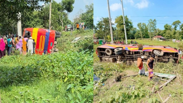 Rescue workers and locals gather around the overturned Sylhet-bound bus after it plunged off the Dhaka–Sylhet Highway in Madhabpur, injuring more than 30 passengers.