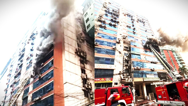 Emergency response from 14 firefighting units as flames spread across multiple floors.