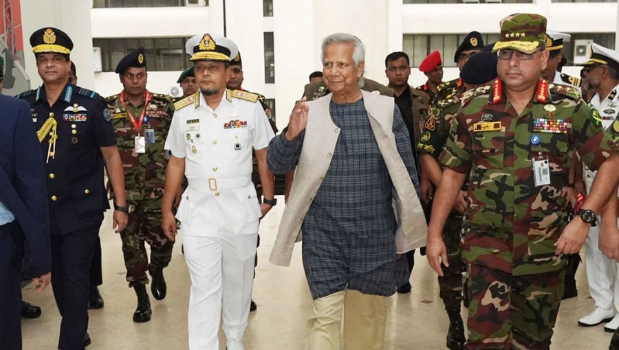 Chief Advisor to the interim government Prof Muhammad Yunus visits the army headquarters on Sunday, September 15, 2024.