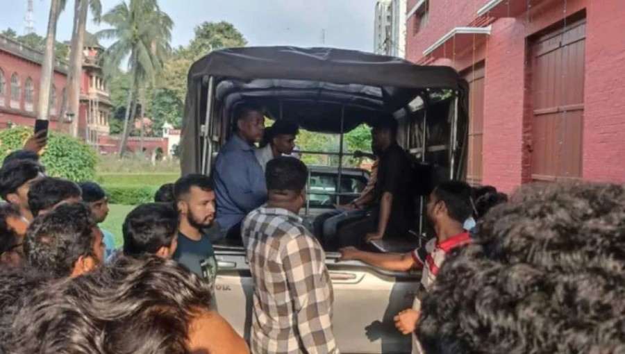 The image shows the detained students on a police vehicle at Dhaka University on Thursday, September 19, 2024.