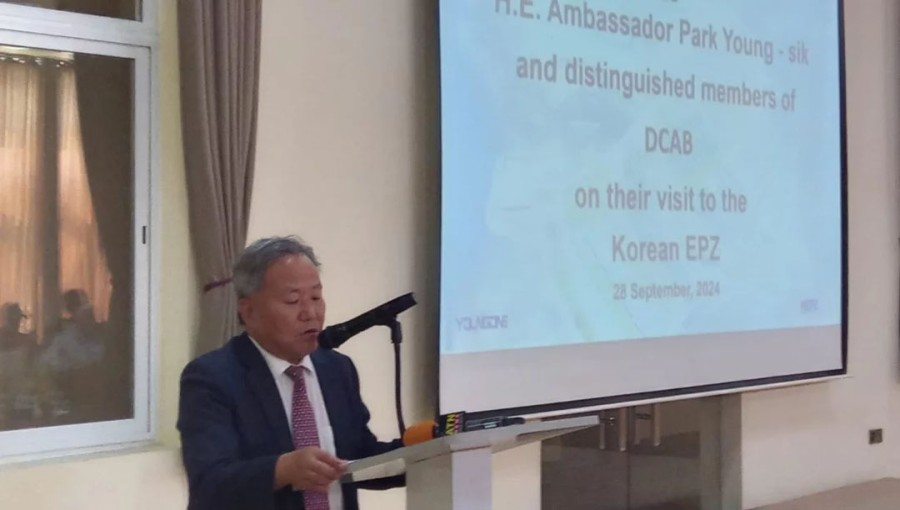 South Korean Ambassador Park Young-sik speaking at an event while visiting the Korean EPZ in Chittagong with the members of the Diplomatic Correspondents Association, Bangladesh (DCAB) on Saturday, September 28, 2024